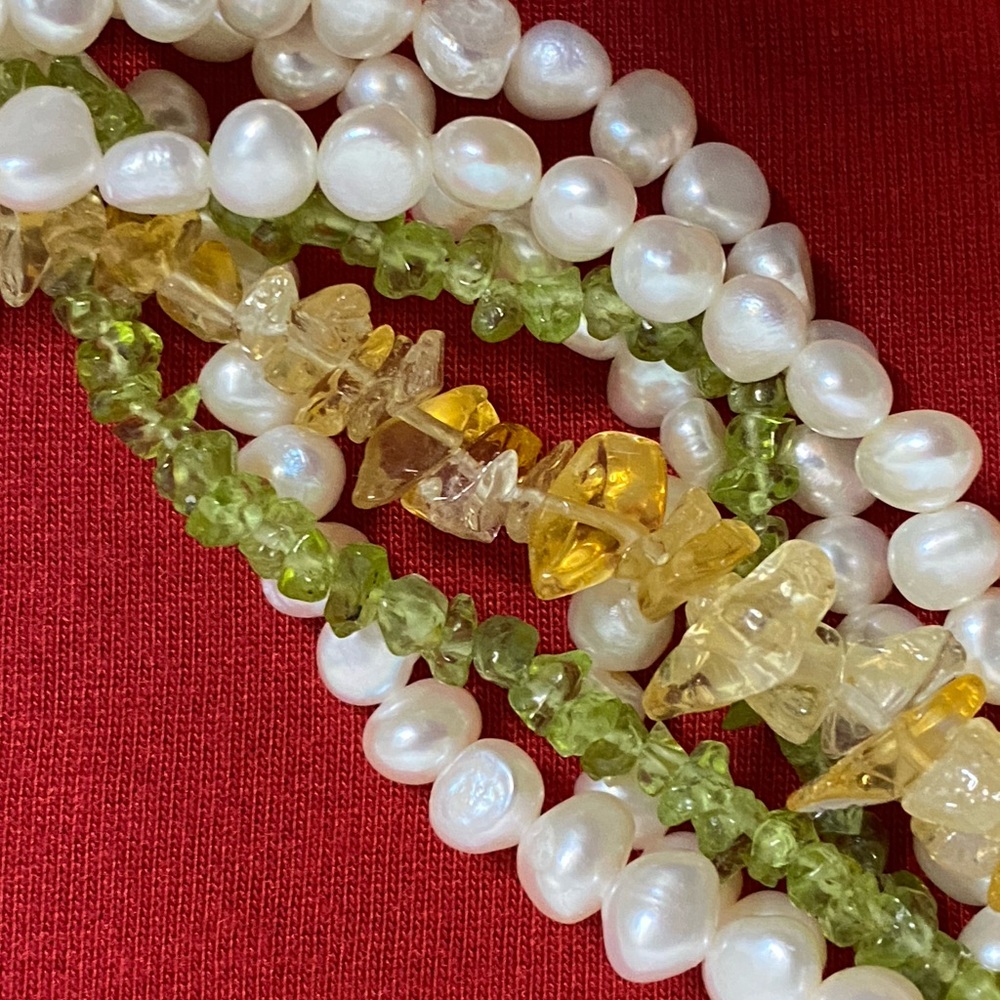 Pearl, peridot, yellow topaz necklace